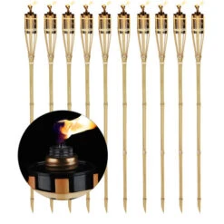 Relaxdays Set Da 10 Candele Per Giardino, Fiaccola Ad Olio In Bambù, Con Stoppino, Suggestive Per Esterni,H: 90 Cm,legno
