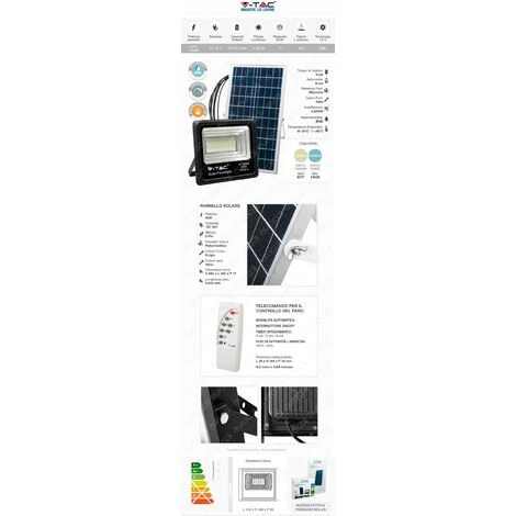 V-TAC VT-200W FARO LED 40W A BATTERIA CON PANNELLO SOLARE E TELECOMANDO Luce Bianco Fredda / Naturale Bianco Freddo 5 V-TAC VT-200W FARO LED 40W A BATTERIA CON PANNELLO SOLARE E TELECOMANDO Luce Bianco Fredda / Naturale Bianco Freddo - immagine 5