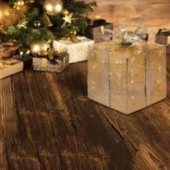 Pacco Regalo Cubico Scatola Decorazione Natalizia Addobbo Luminoso Con Led Color Champagne -16,5 Cm