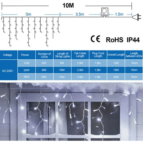 Randaco 10m 200 Catenette Per Pioggia Di Pioggia Di Ghiaccio A LED Coni Ghiacciati Di Natalizia Lampada A Catena A Catena Tenda Leggera Festa Ip44 All'esterno All'interno Di Bianco Freddo 2 Randaco 10m 200 Catenette Per Pioggia Di Pioggia Di Ghiaccio A LED Coni Ghiacciati Di Natalizia Lampada A Catena A Catena Tenda Leggera Festa Ip44 All'esterno All'interno Di Bianco Freddo - immagine 2