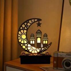 Lampada A LED In Legno Decorazione Ramadan Luna Crescente Luci Stellari Musulmano Islam Eid Ramadan Festival Decorazioni Luce Notturna Luna Crescente Per Feste, Casa E Regali (C) (batteria Non Inclusa