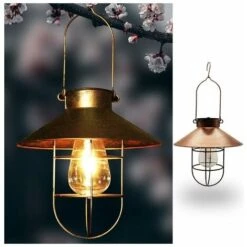Lanterna A Sospensione Solare Con Gancio, Luce Solare A LED Vintage Con Gabbia In Acciaio Bianco Caldo, Decorazione Impermeabile Per Recinto Del Patio Del Cortile Del Giardino - Bronzo