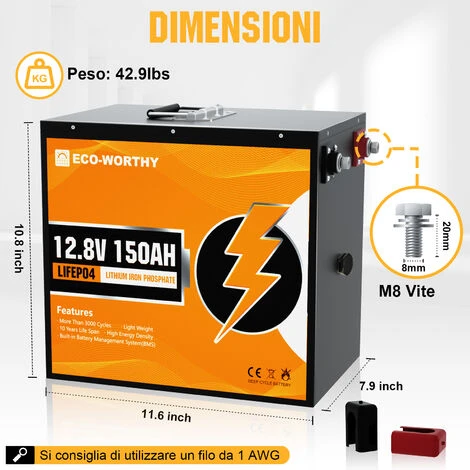 ECO-WORTHY Batteria Al Litio Ricaricabile 12V 150Ah LiFePO4 Con Oltre 3000 Cicli Profondi E Protezione BMS Per Sistema Solare, Camper, Barca, Casa, Kit Di Pannelli Solari E Uso Industriale. 3 ECO-WORTHY Batteria Al Litio Ricaricabile 12V 150Ah LiFePO4 Con Oltre 3000 Cicli Profondi E Protezione BMS Per Sistema Solare, Camper, Barca, Casa, Kit Di Pannelli Solari E Uso Industriale. - immagine 3