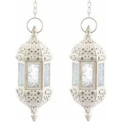 Lanterna A Candela Sospesa Marocchino Bianco: 2 Pezzi Lanterne A Candela Portacandela In Vetro Metallo Lampada Decorativa Per Candela Da Interno Esterno Con Catena Per Patio Giardino Decorazioni Natal