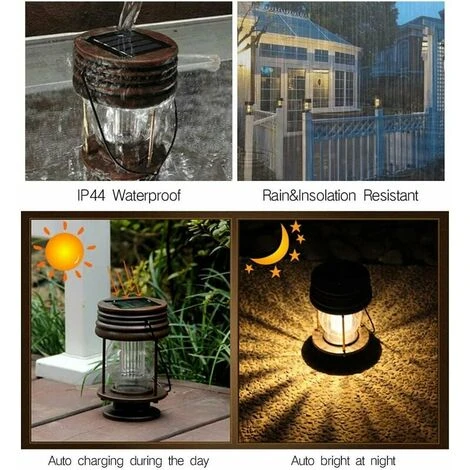 Set Di 2 Lanterne Solari Sospese - Lampade A Sospensione A Energia Solare A LED Vintage Con Manico Per Vialetto, Cortile, Patio, Albero, Spiaggia, Gazebo (luce Calda) 2 Set Di 2 Lanterne Solari Sospese - Lampade A Sospensione A Energia Solare A LED Vintage Con Manico Per Vialetto, Cortile, Patio, Albero, Spiaggia, Gazebo (luce Calda) - immagine 2